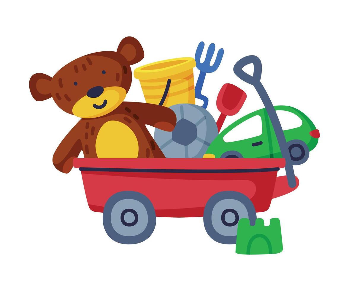 Wheeled Box of Baby Toys, Bucket, Car, Teddy Bear Cute Objects for Kids Development and Entertainment Cartoon Illustration on White Background vector