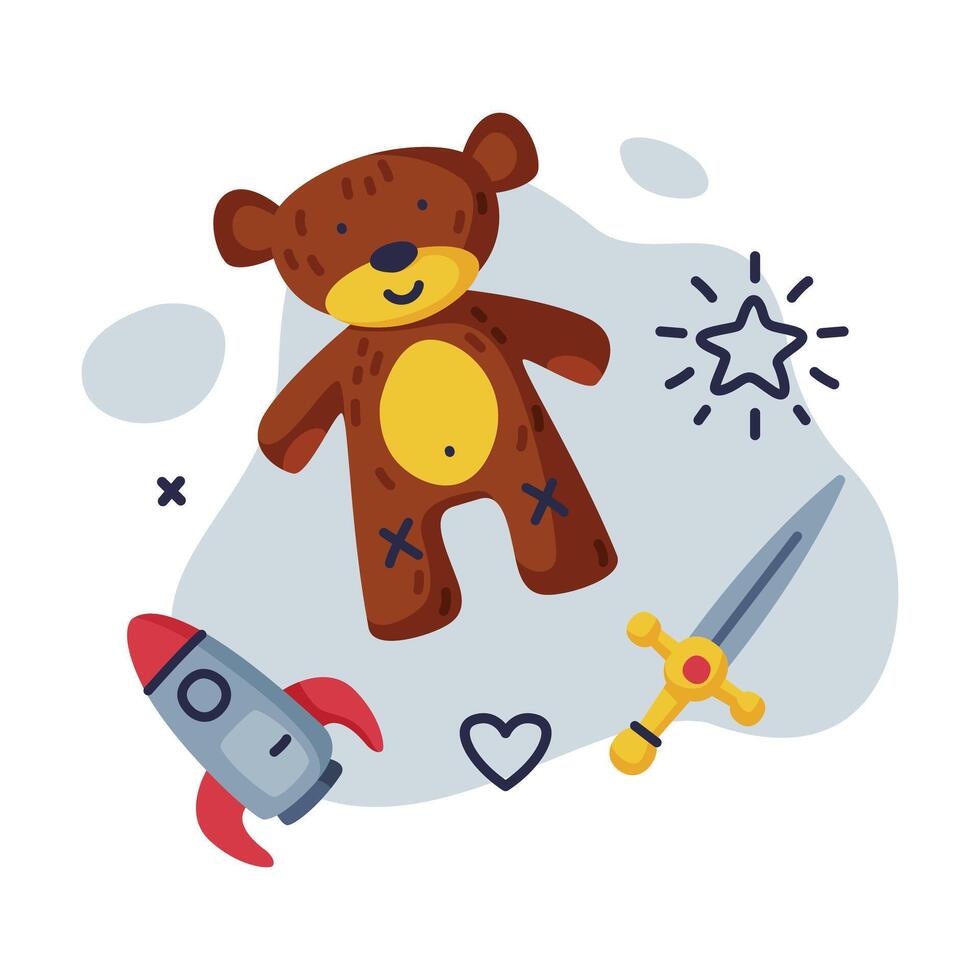 Sword, Teddy Bear Rocket Baby Toys Set, Kids Game Various Objects Cartoon Illustration vector