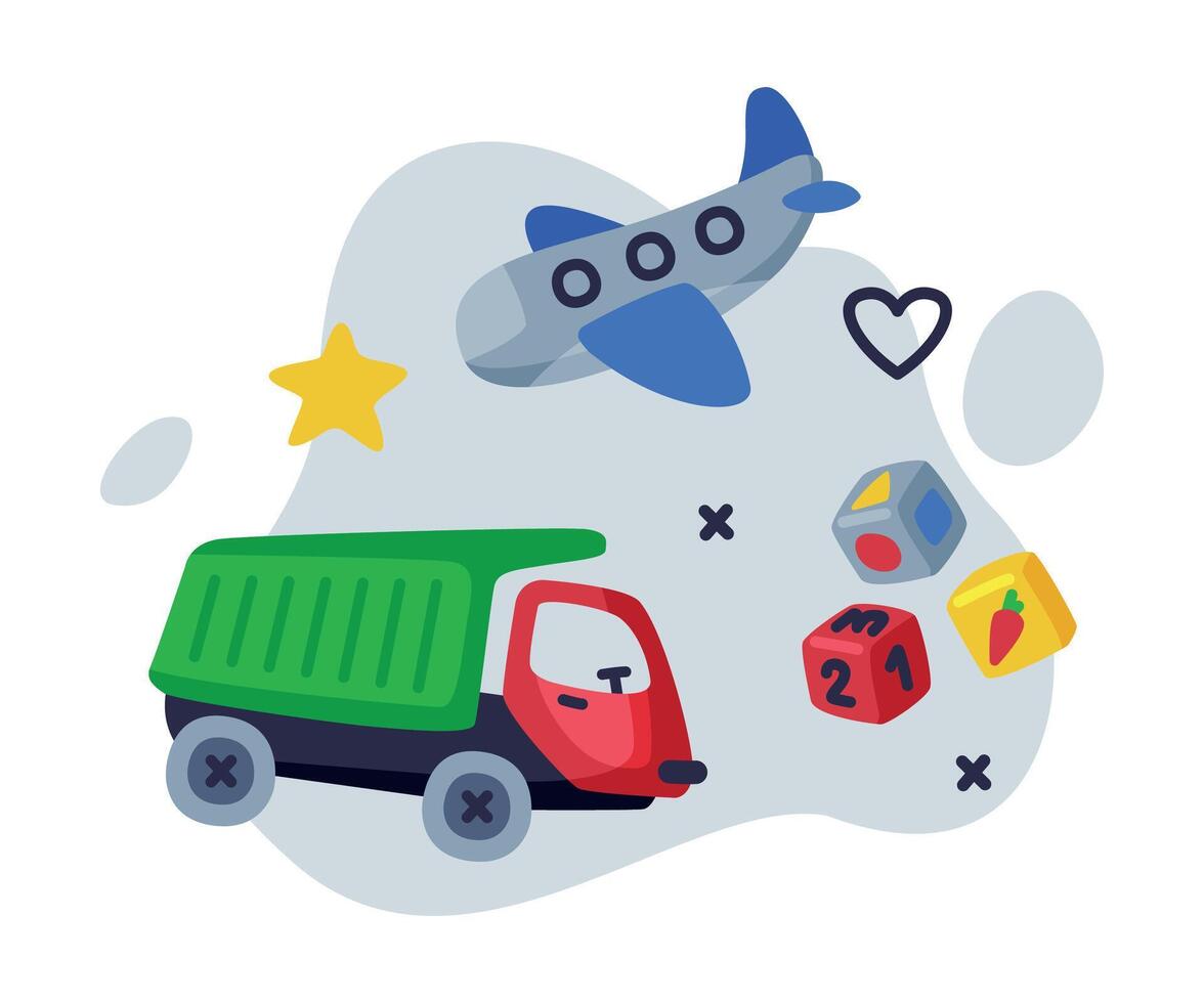Cute Truck, Airplane, Cubes Baby Toys Set, Kids Game Various Objects Cartoon Illustration vector