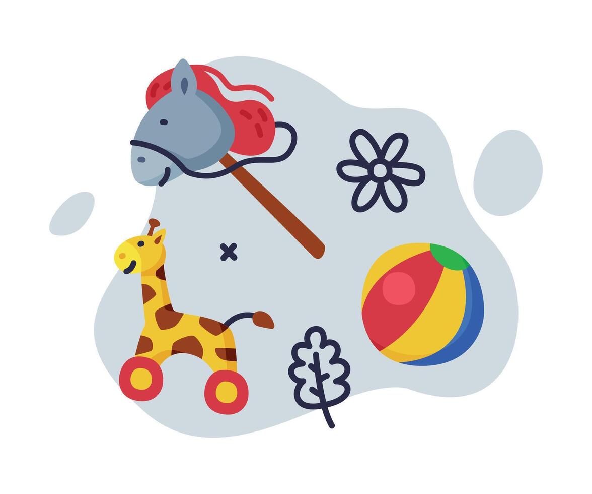 Giraffe, Stick Horse, Ball Baby Toys Set, Kids Game Various Objects Cartoon Illustration vector