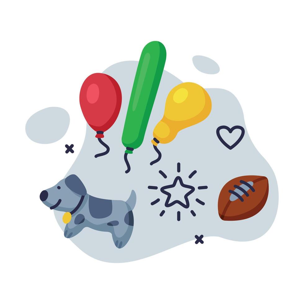 Dog, Rugby Ball, Colorful Balloons Children Toys Set, Kids Game Various Objects Cartoon Illustration vector