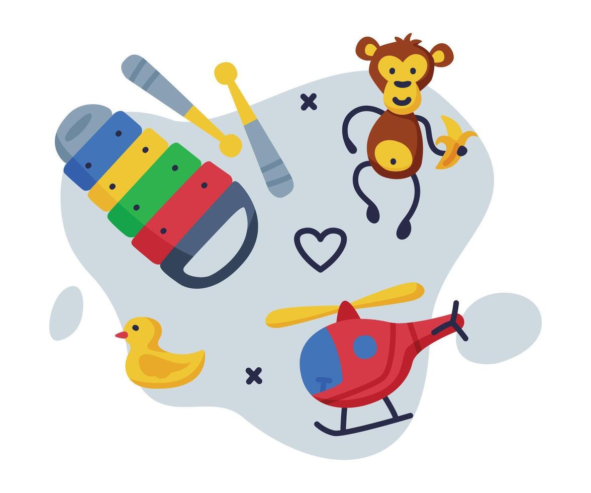 Xylophone, Helicopter, Monkey Baby Toys Set, Kids Game Various Objects Cartoon Illustration vector