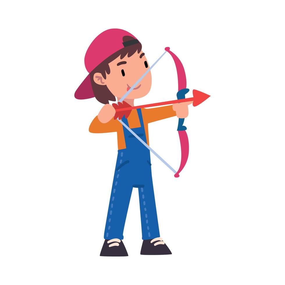 Cute Boy Aiming with Bow and Arrow, Adorable Kid Playing with Favorite Toy Cartoon Illustration on White Background vector