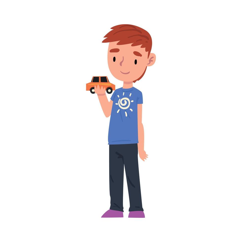 Cute Boy Playing with Yellow Toy Car Cartoon Illustration on White Background vector