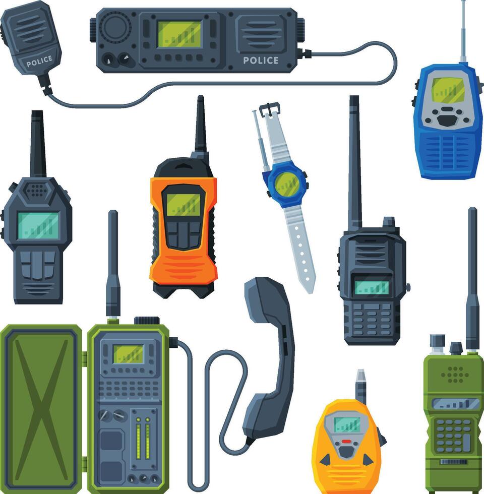 Radio Transmitters Collection, Modern Handheld Portable Devices Flat Illustration vector