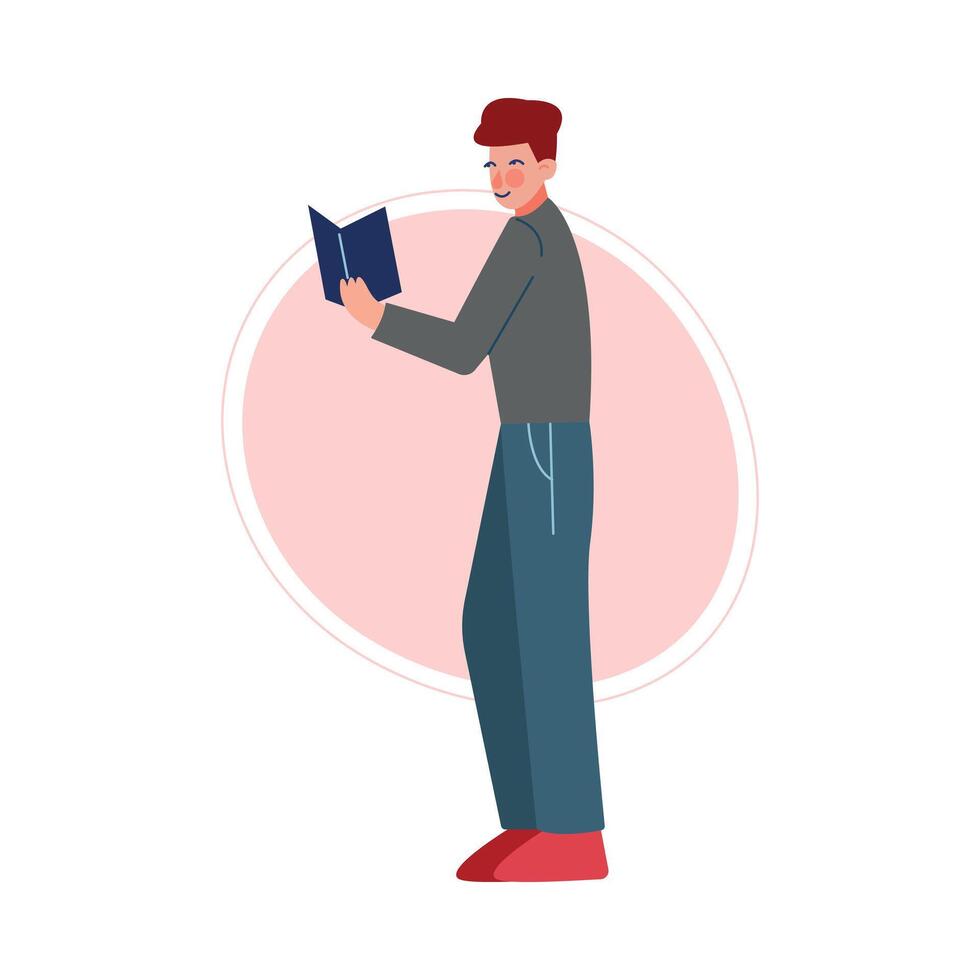 Guy Standing and Reading a Book, Male College or University Student, Young Man Spending Spare Time by Reading Literature Illustration vector