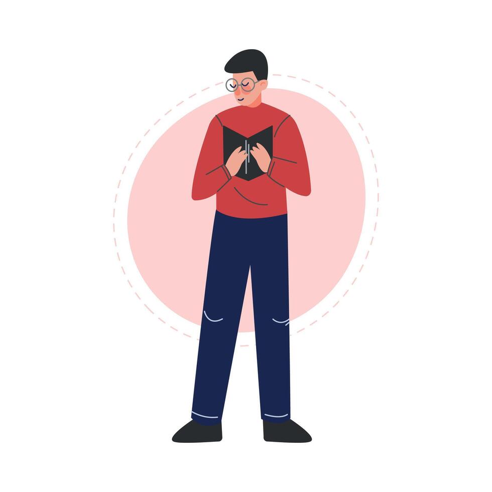 Guy Standing and Reading a Book, Male College or University Student, Young Man Spending Spare Time Enjoying of Reading Literature Illustration vector