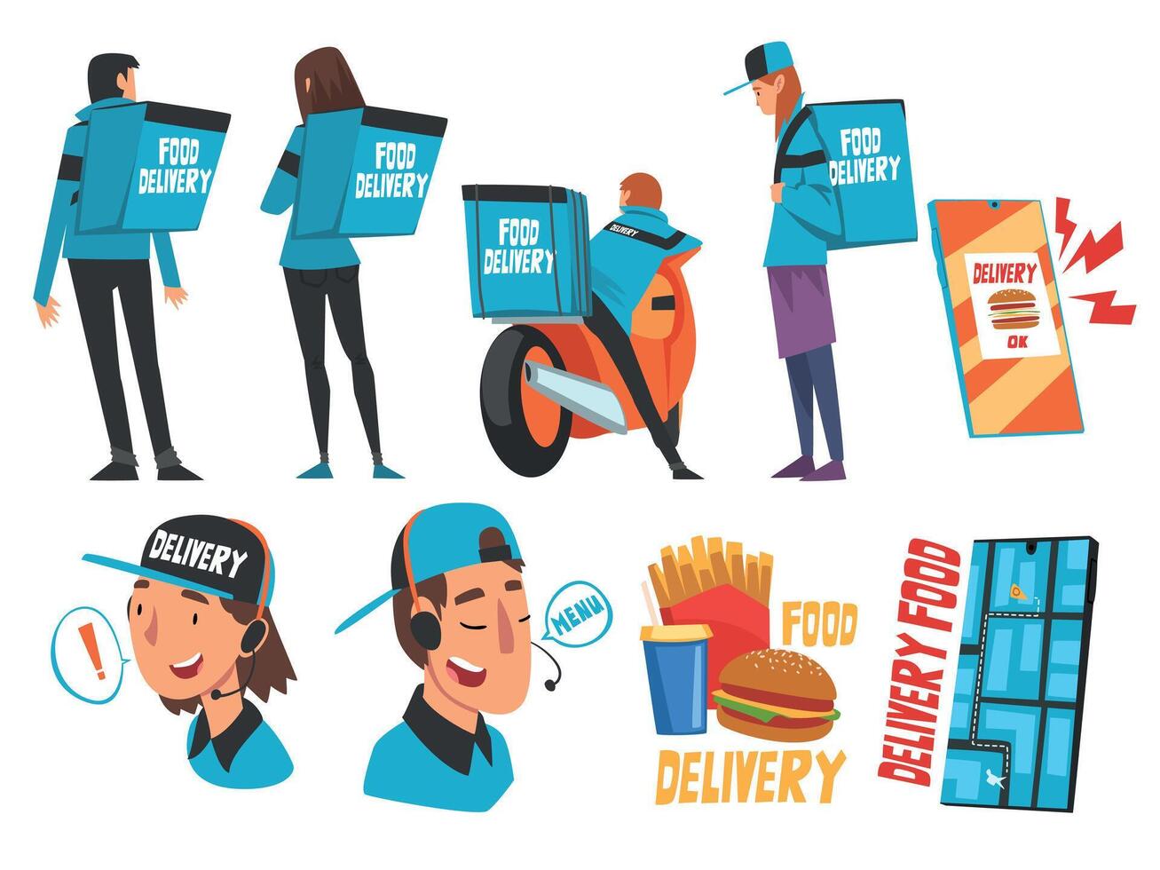 Food Express Delivery Service Set, Online Ordering, Couriers Wearing Blue Uniform Carrying Backpack Boxes Cartoon Style Illustration vector