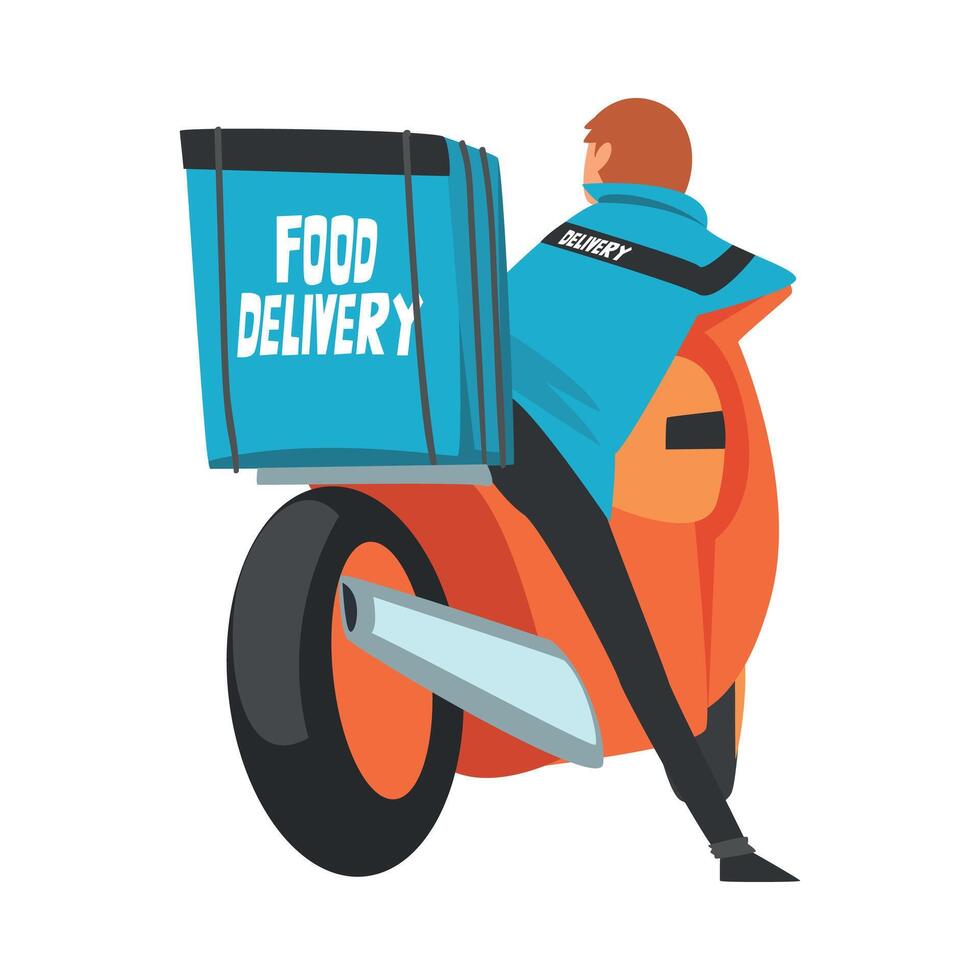 Food Delivery Guy Carrying Backpack Box, Back View of Male Courier Character on Motorbike with Parcel on his Back, Food Express Delivery Service Cartoon Style Illustration vector