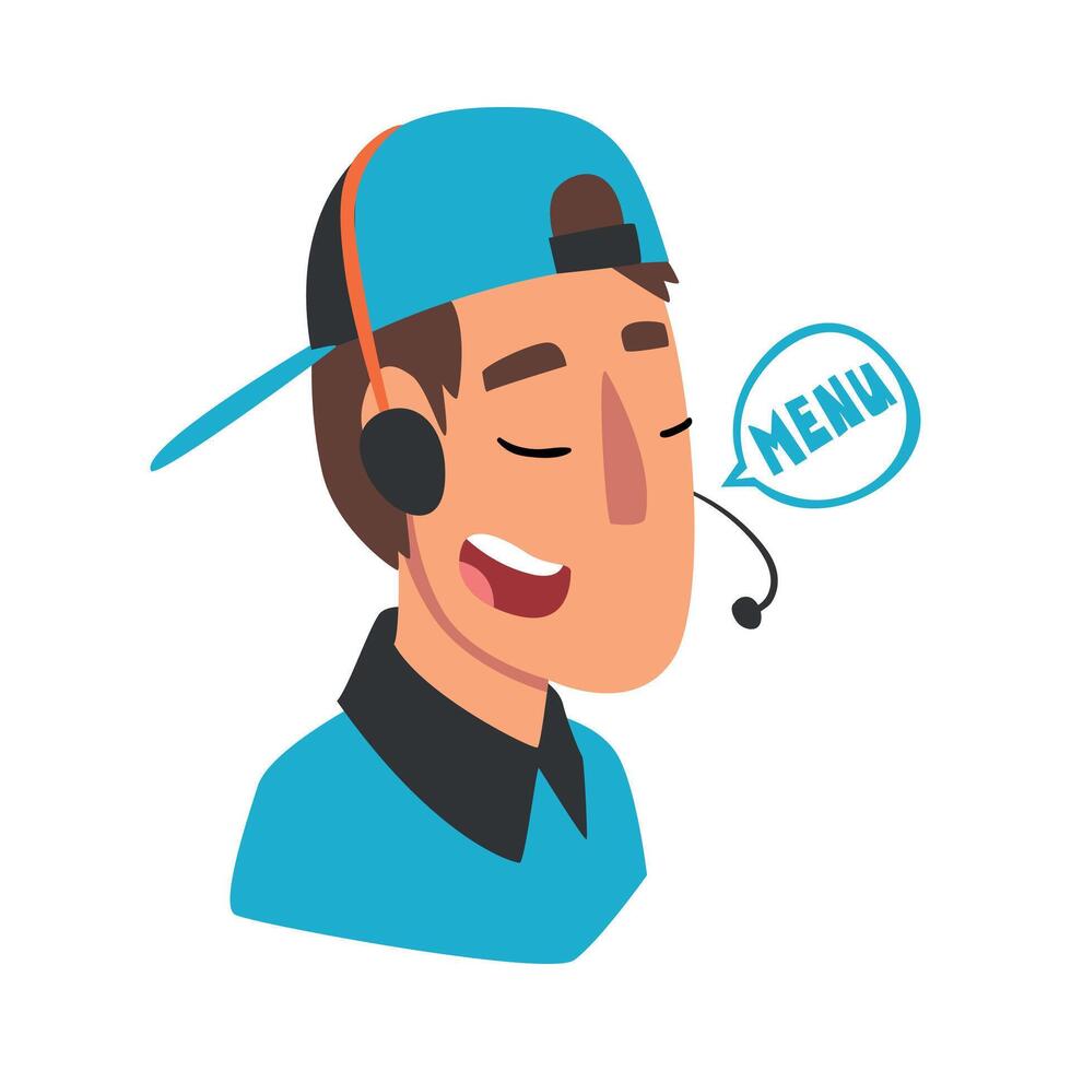 Food Online Order and Delivery Service, Cheerful Male Call Center Operator in Headset Accepting Order from Client Cartoon Style Illustration vector