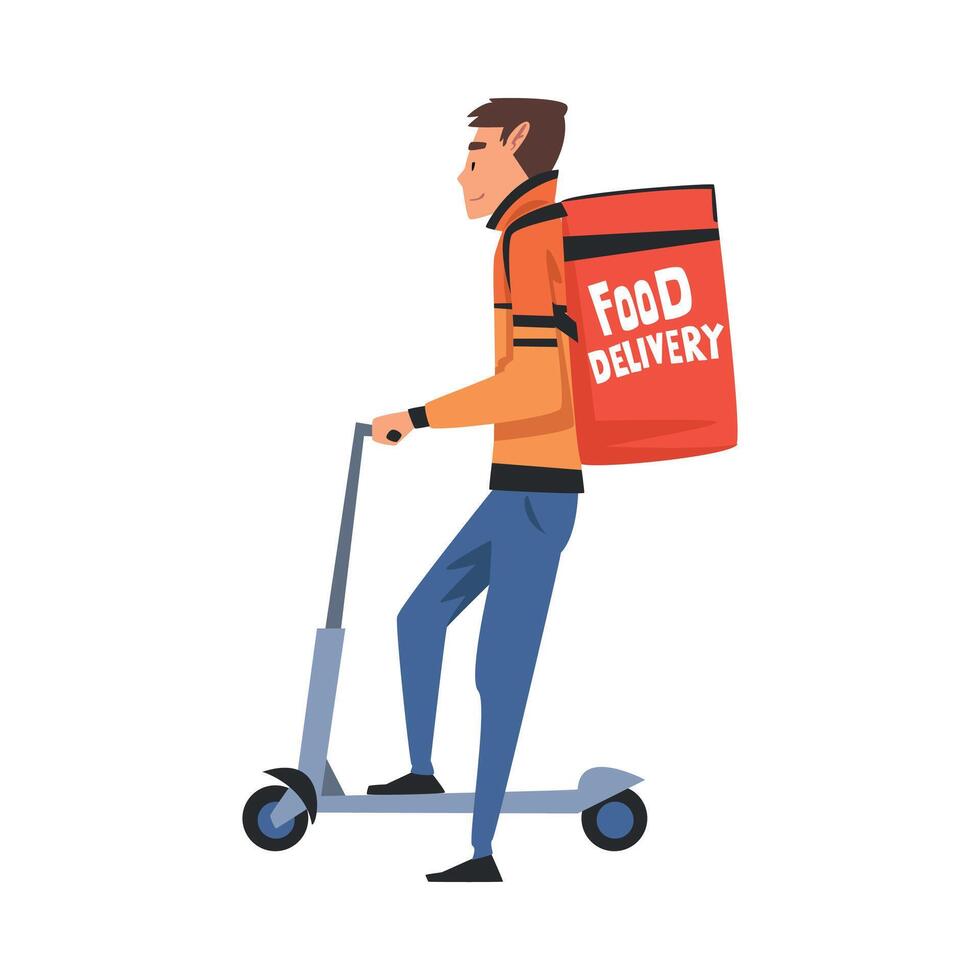 Guy on Scooter Delivering Food with Backpack Box, Male Courier Character with Parcel on his Back, Food Express Delivery Service Cartoon Style Illustration vector