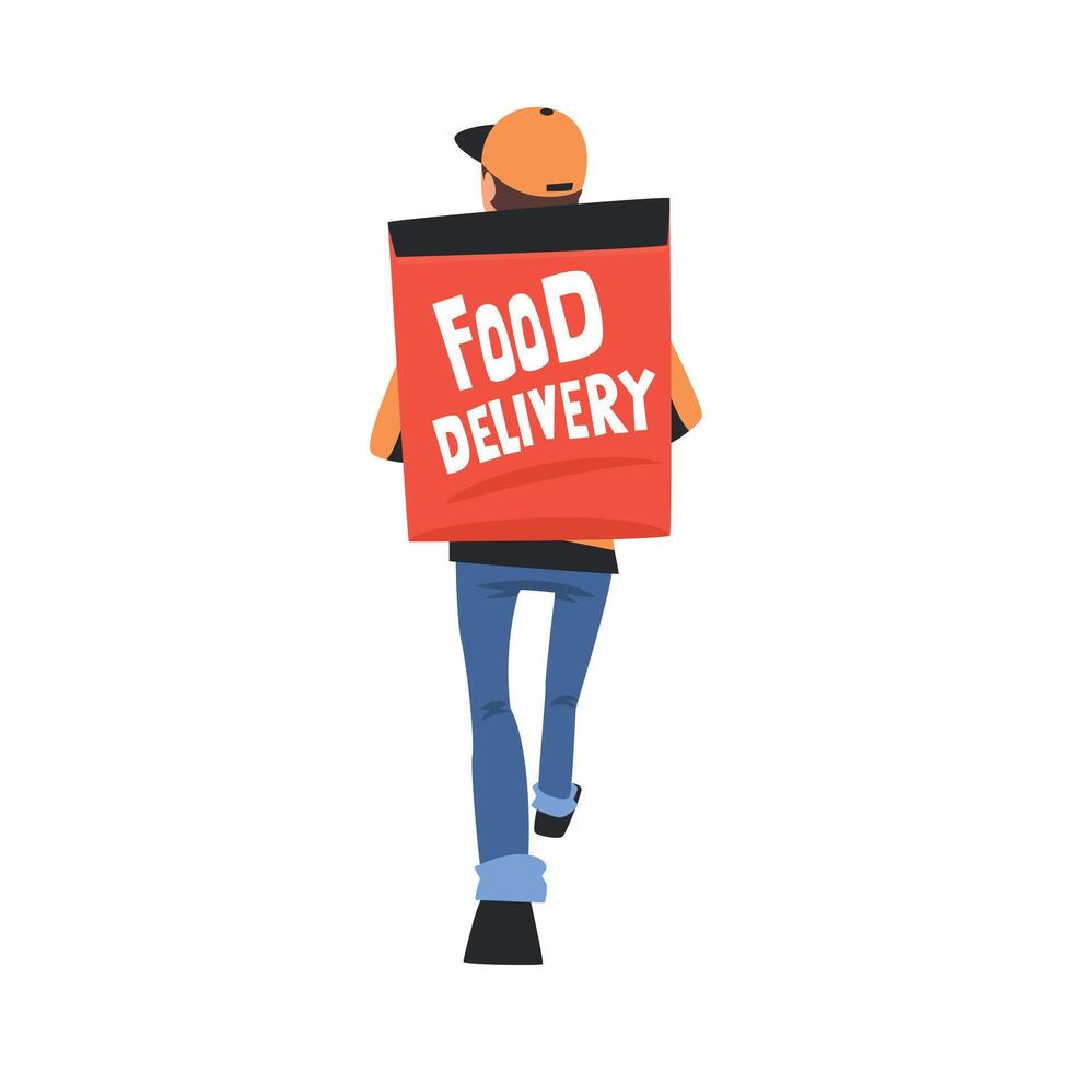 Food Delivery Service, Food Delivery Guy Carrying Backpack Box, Teenage Courier Character Walking with Parcel on his Back Cartoon Style Illustration vector