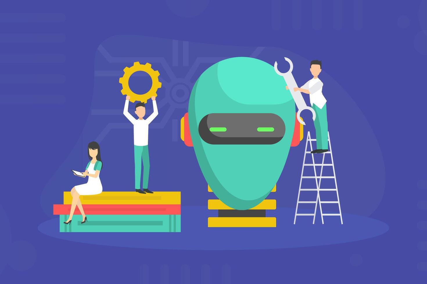Tiny IT Professionals Creating Robot, Scientists Characters Conducting Scientifical Research in Laboratory Illustration vector
