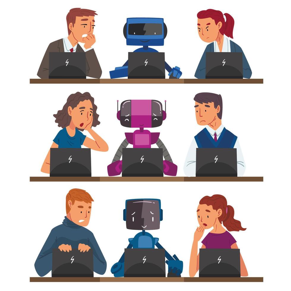Humans vs Robots Set, Business People and Androids Working Together with Laptop Computers, Stressed Professional Managers and Cyborgs Working Hard Illustration vector