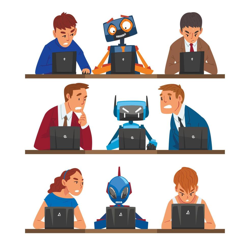 Humans vs Robots Set, People and Androids Working Hard Together with Laptop Computers, Professional Managers and Cyborgs Sitting in front of Computers Illustration vector