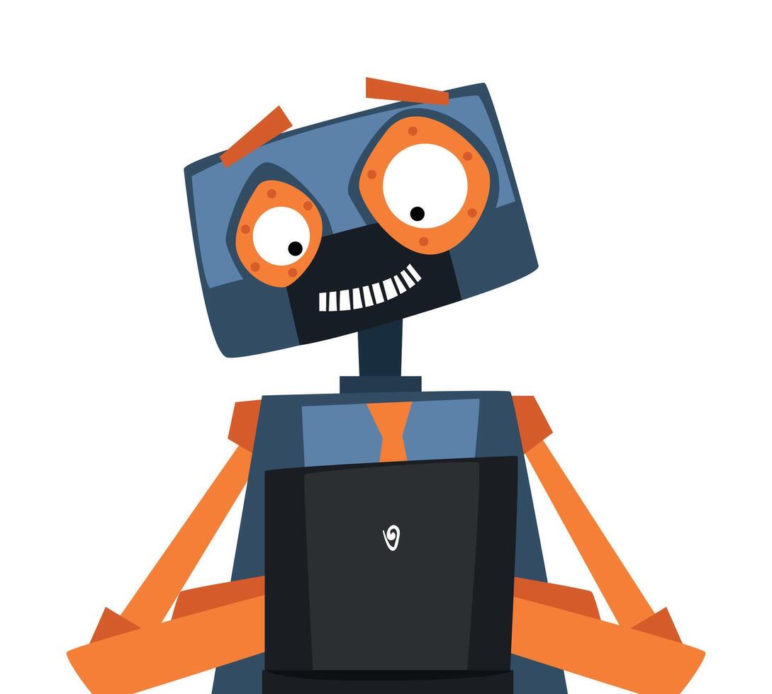 Funny Robot Sitting in front of Computer, Android Working with Laptop, Artificial Intelligence Concept Illustration vector