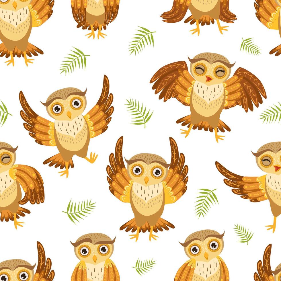 Cute Owlets Seamless Pattern, Adorable Owl Birds Characters, Fabric, Wrapping Paper, Website, Wallpaper, Background Design Cartoon Illustration vector