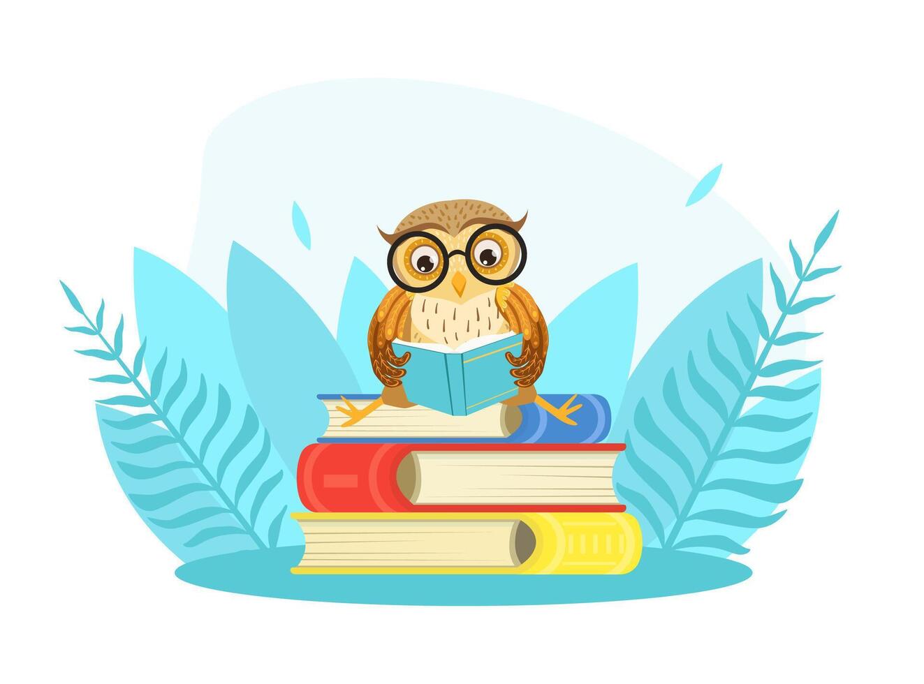 Wise Owl Bird Character in Glasses Sitting on Pile of Books, Back to School Concept Cartoon Style Illustration vector