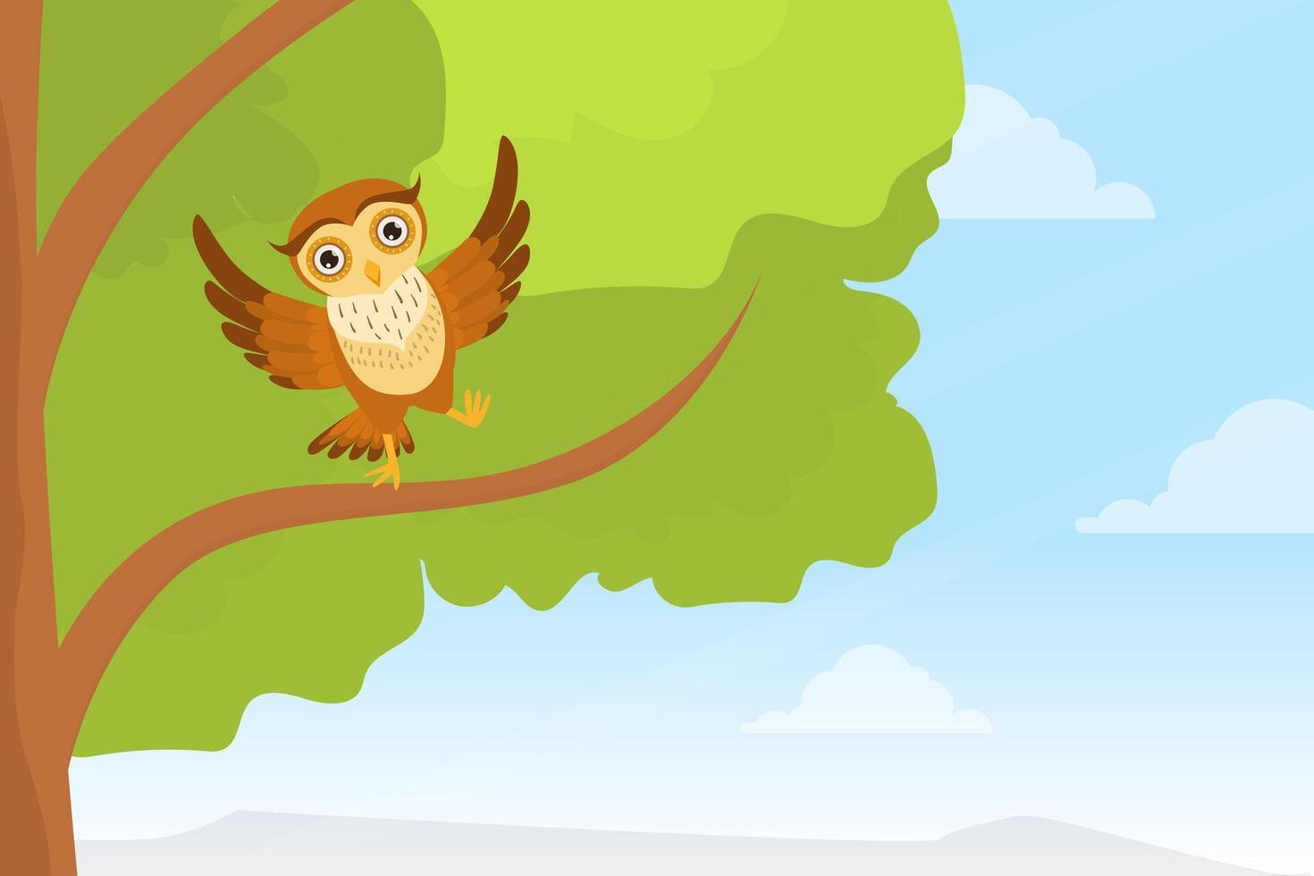 Cute Owl Sitting on Tree Branch, Adorable Owlet Character with Outstretched Wings Cartoon Illustration vector