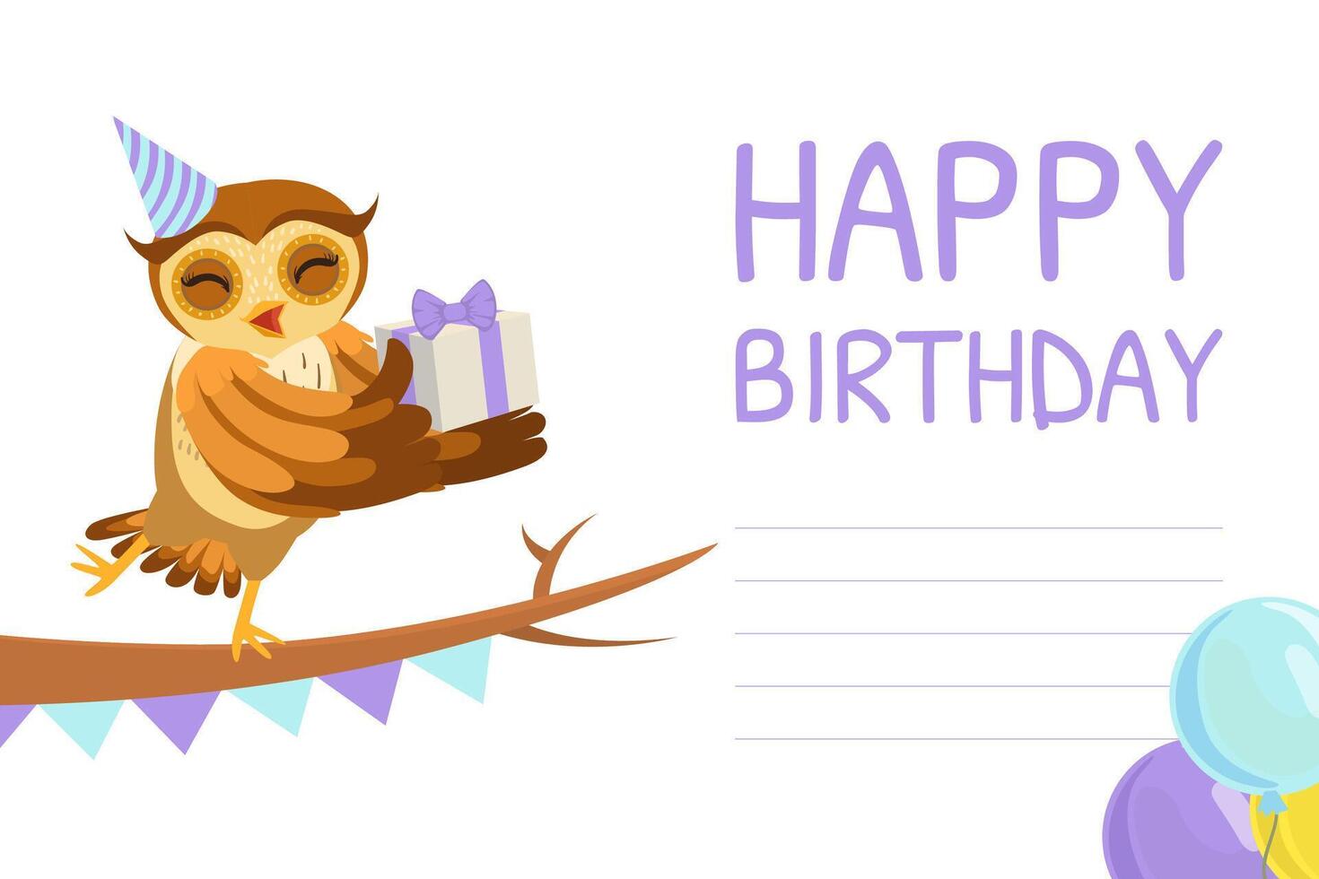 Happy Birthday Banner Template, Cute Owl Bird Character in Party Hat Sitting on Tree Branch Holding Gift Box Cartoon Illustration vector
