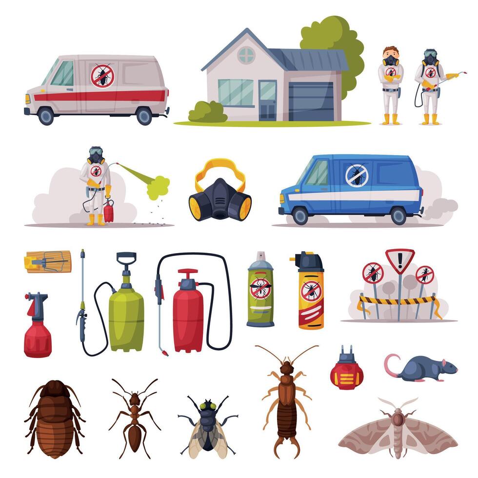 Professional Home Pest Control Set, Exterminator, Service Van, Exterminating and Protecting Equipment, Harmful Insects Illustration vector