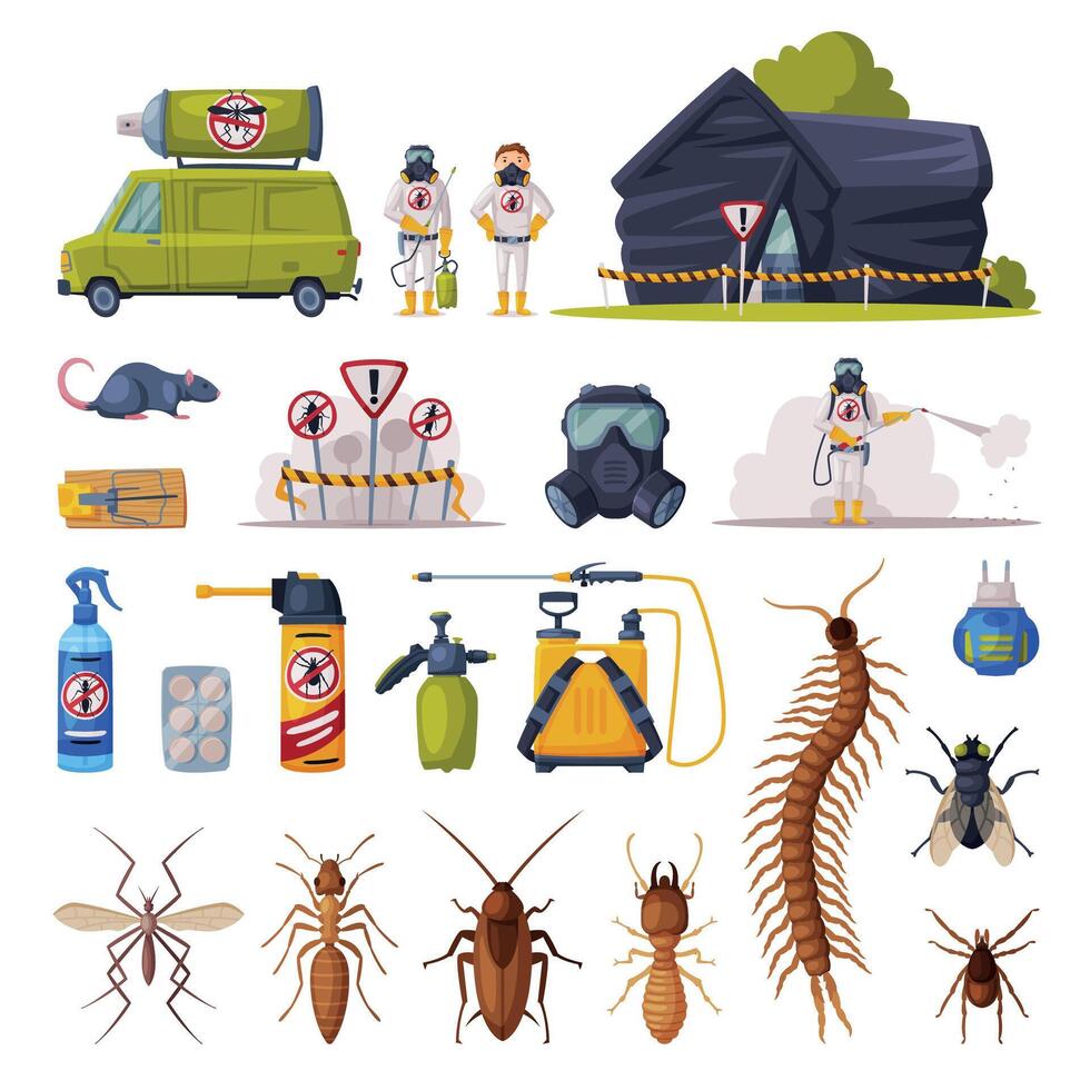Professional Home Pest Control Service Set, Exterminator Wearing Protection Uniform with Exterminating and Protecting Equipment, Harmful Insects Illustration vector
