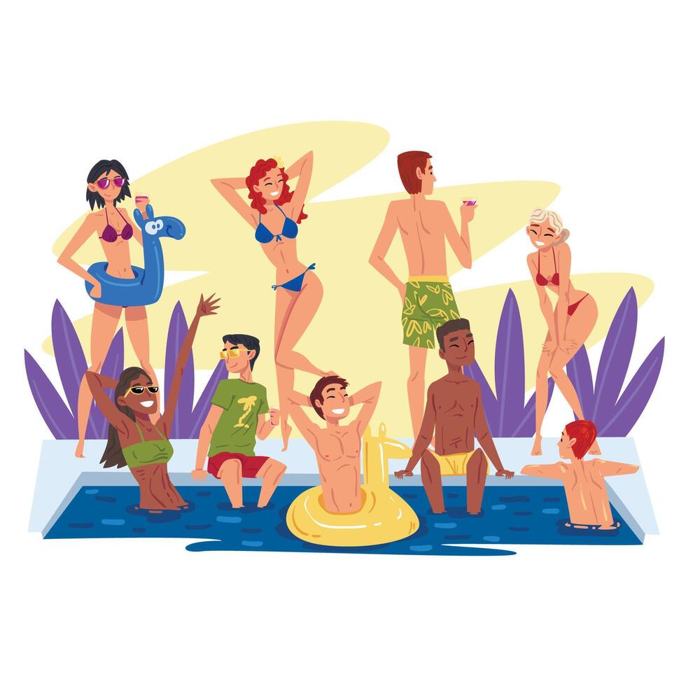 Swimming Pool Party, Happy Young Men and Women Having Fun Outdoors, People Floating on Rubber Rings, Dancing, Drinking Cocktails Cartoon Style Illustration vector