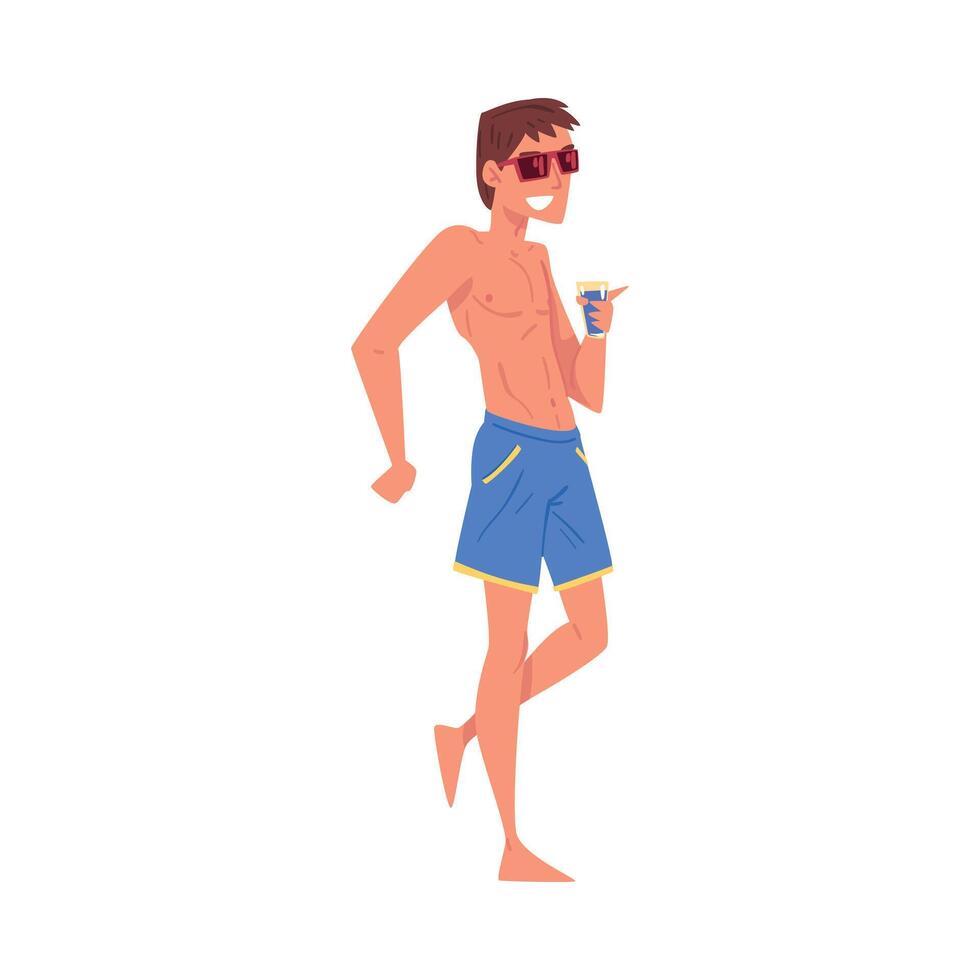Happy Young Man Drinking Cocktail Enjoying Summer Vacation Cartoon Style Illustration on White Background vector