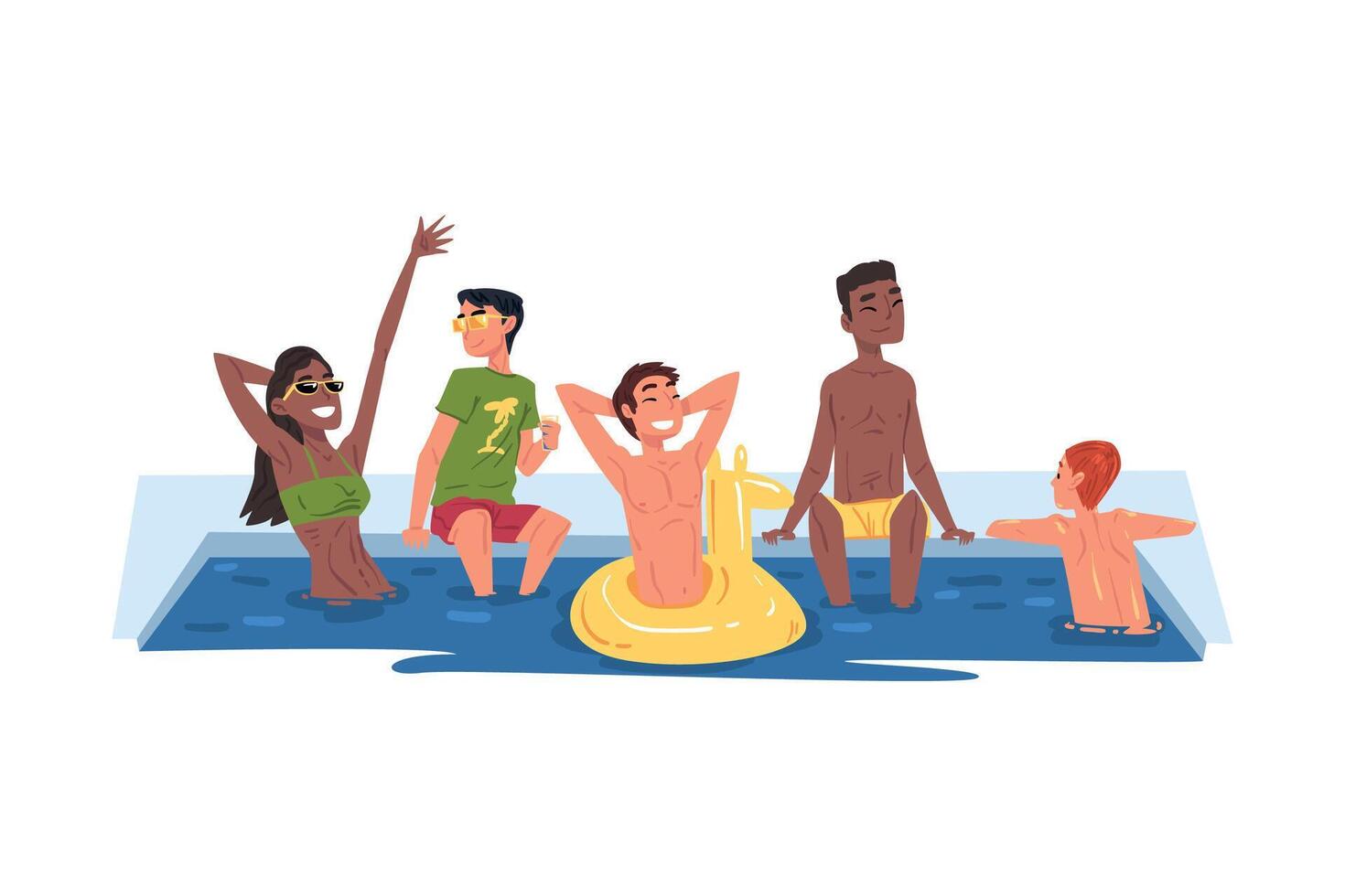 Swimming Pool Party, Happy Young Men and Women Having Fun at Outdoor or Open Air Party Cartoon Style Illustration vector