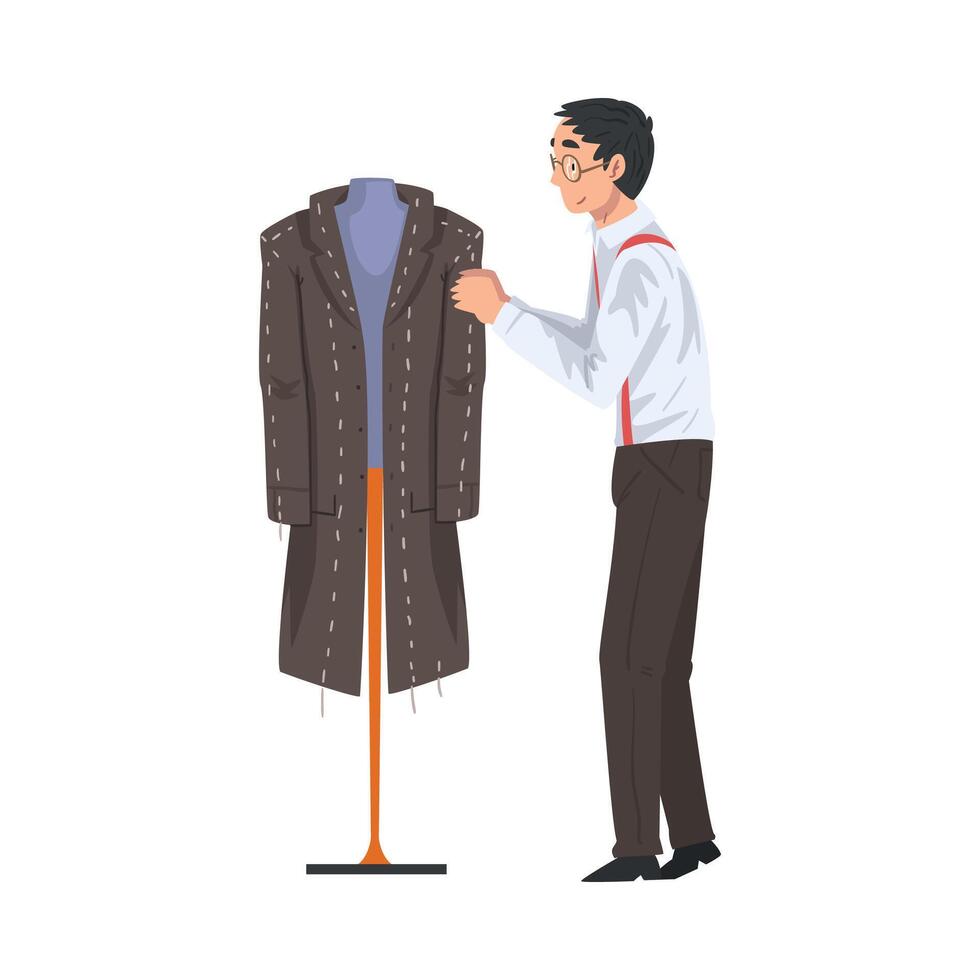 Male Tailor Adjusting Wool Coat on Mannequin, Clothing Designer Tailor Working at Atelier Illustration vector