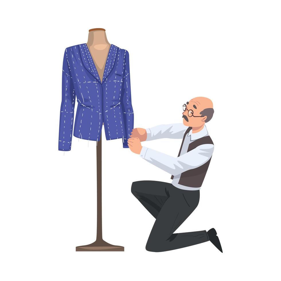 Male Tailor Adjusting Jacket on Mannequin, Clothing Designer Tailor Working at Atelier Creating Outfit Illustration vector