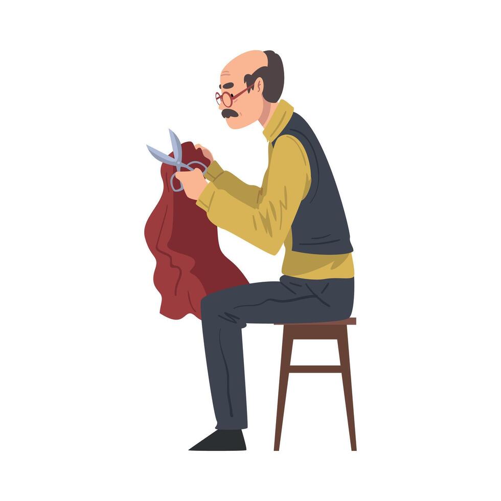 Dressmaker Sewing Clothes, Male Clothing Designer Tailor Working at Atelier, Man Sewer Create Outfit Illustration vector