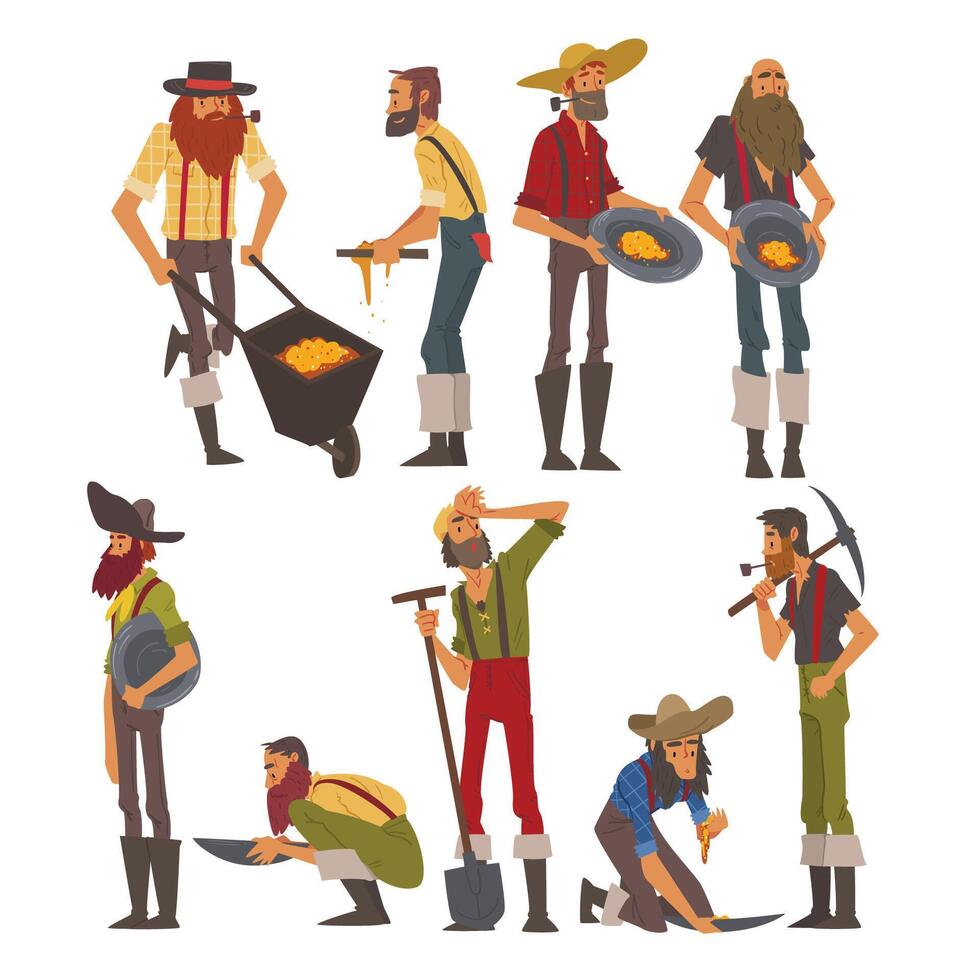 Male Prospectors Characters Set, Bearded Gold Miners Wild West Characters Wearing Vintage Clothes with Tools Cartoon Style Illustration vector