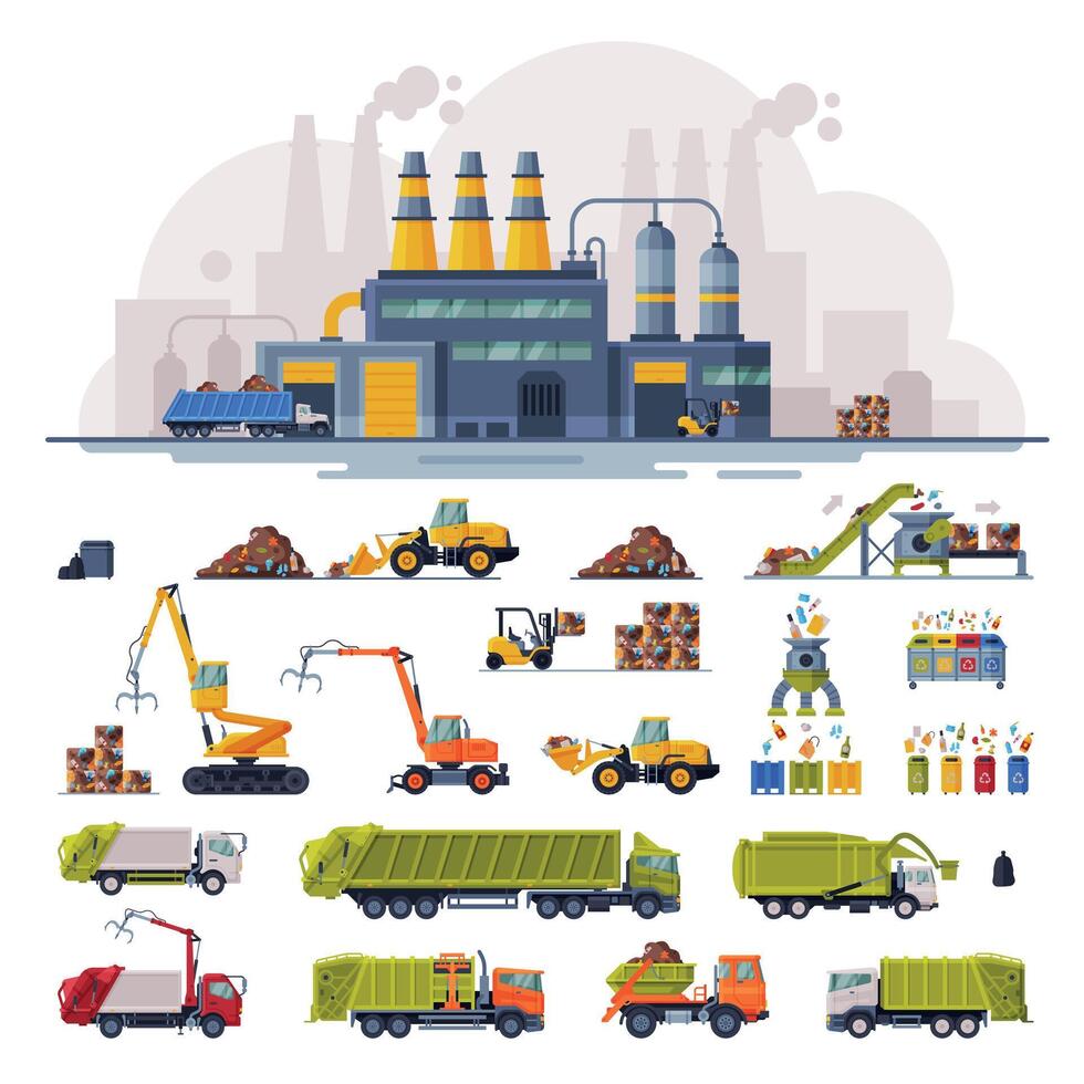 Waste Processing Plant, Industrial Garbage Recycling, Heavy Machinery Vehicles for Garbage Transportation, Separation and Recycling Set Illustration vector