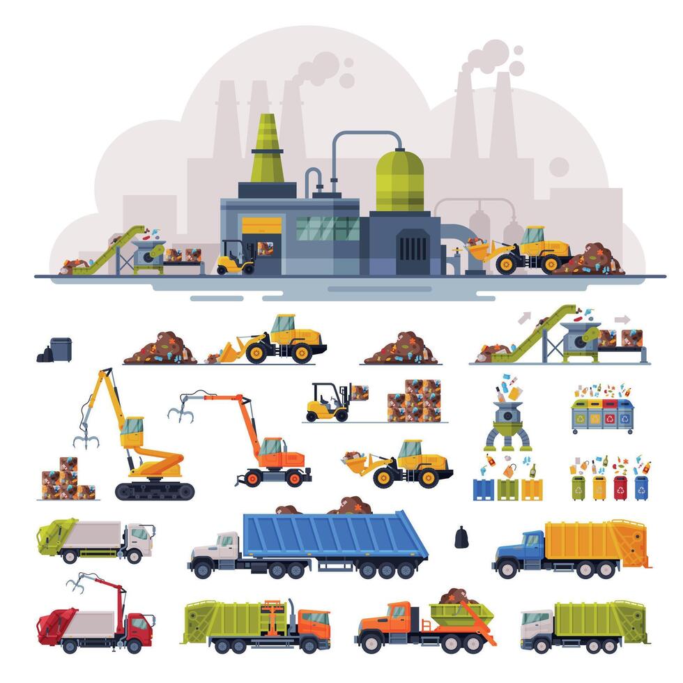 Waste Processing Plant, Industrial Garbage Recycling, Collection of Heavy Machinery Vehicles for Garbage Transportation, Separation and Recycling Flat Illustration vector
