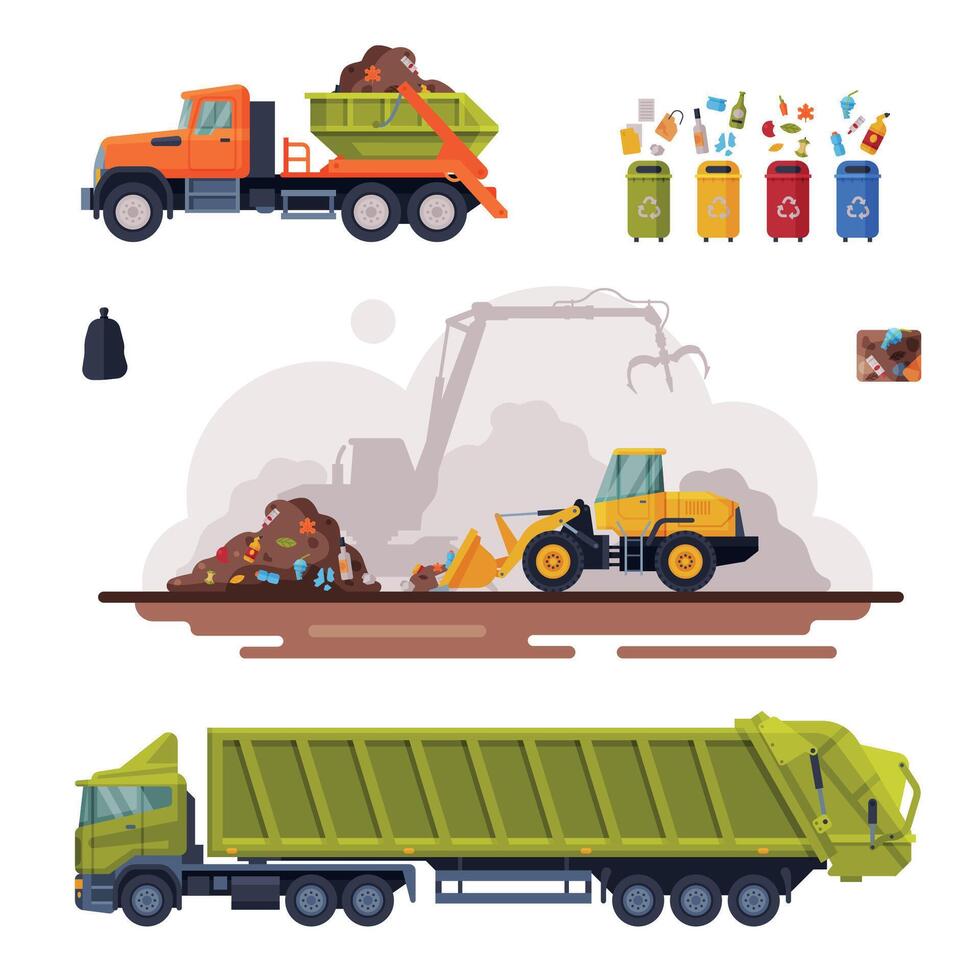 Garbage Disposal Set, Waste Collection, Sorting, Processing and Recycling Flat Illustration vector
