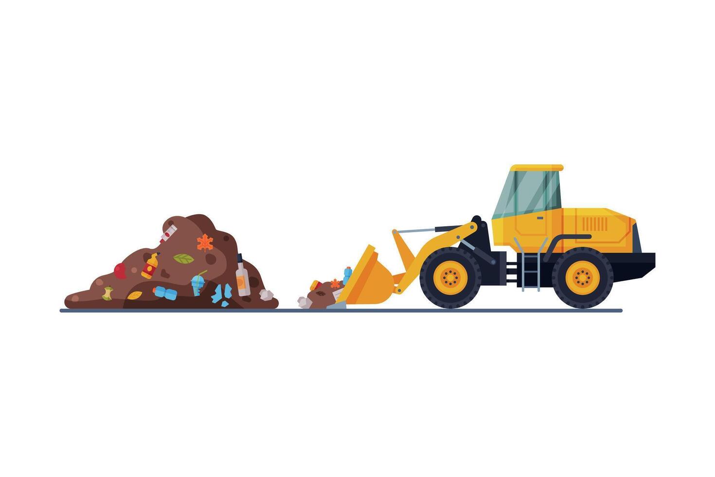 Yellow Modern Bulldozer for Garbage Cleaning, Heavy Special Landfill Machinery, Waste Transportation and Recycling Concept Flat Style Illustration vector