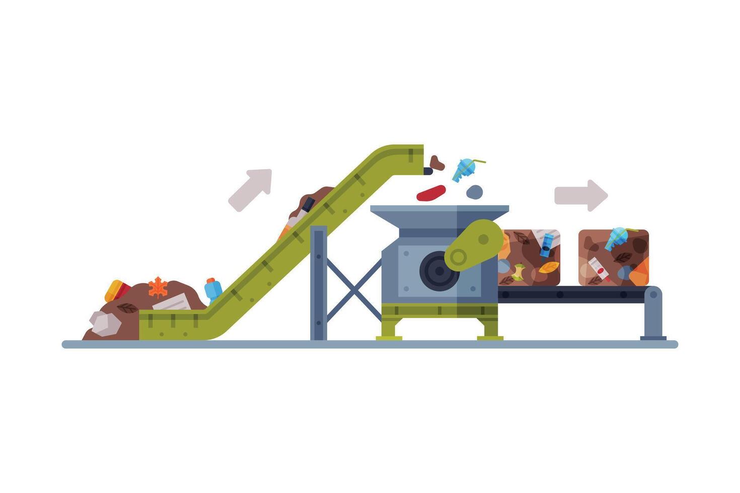 Waste Sorting and Separating Plant with Conveyor Line Flat Style Illustration on White Background vector