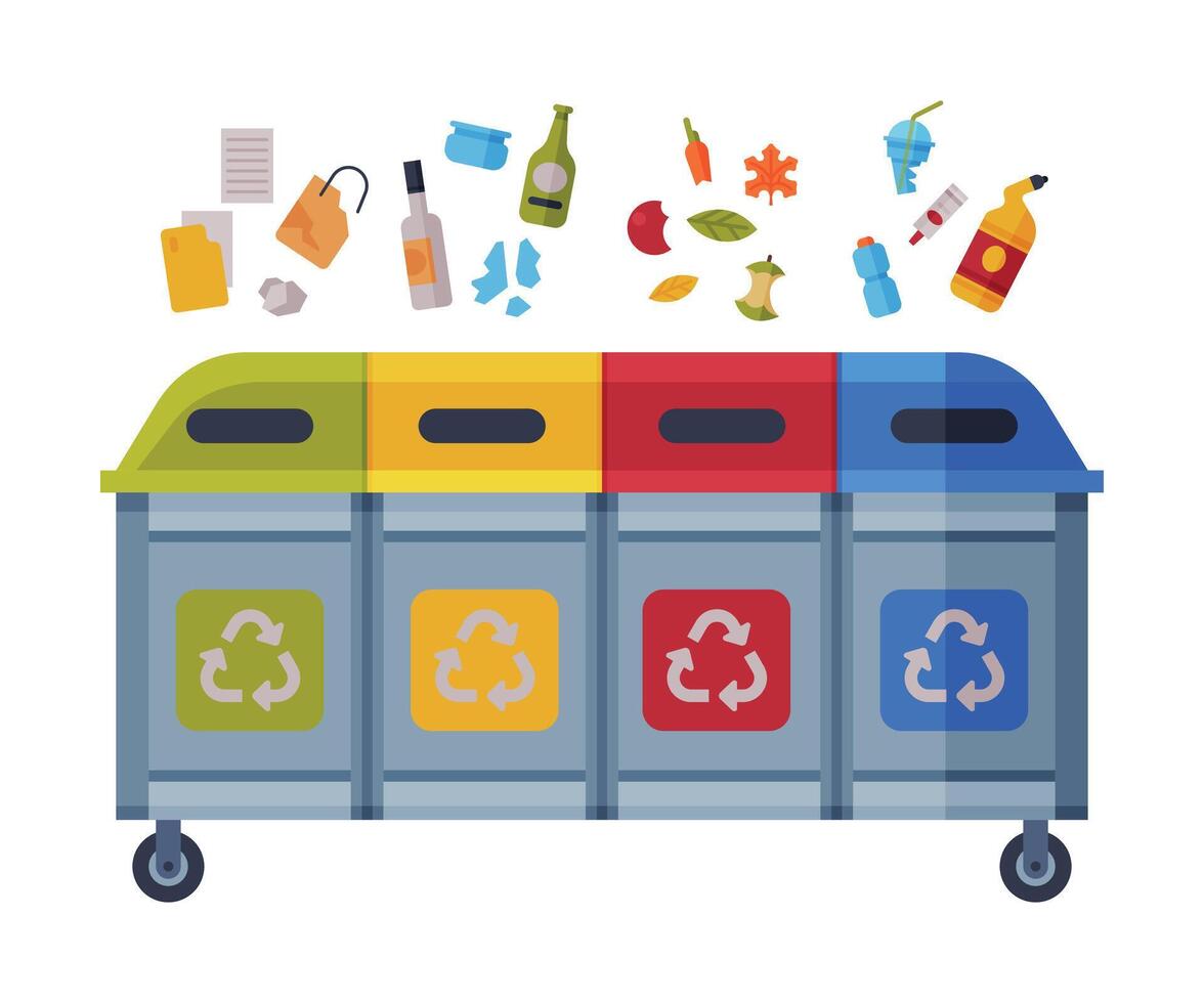 Waste Sorting, Different Trash Bins with Sorted Garbage, Paper, Glass, Organic, Plastic Kinds of Trash Flat Style Illustration on White Background vector