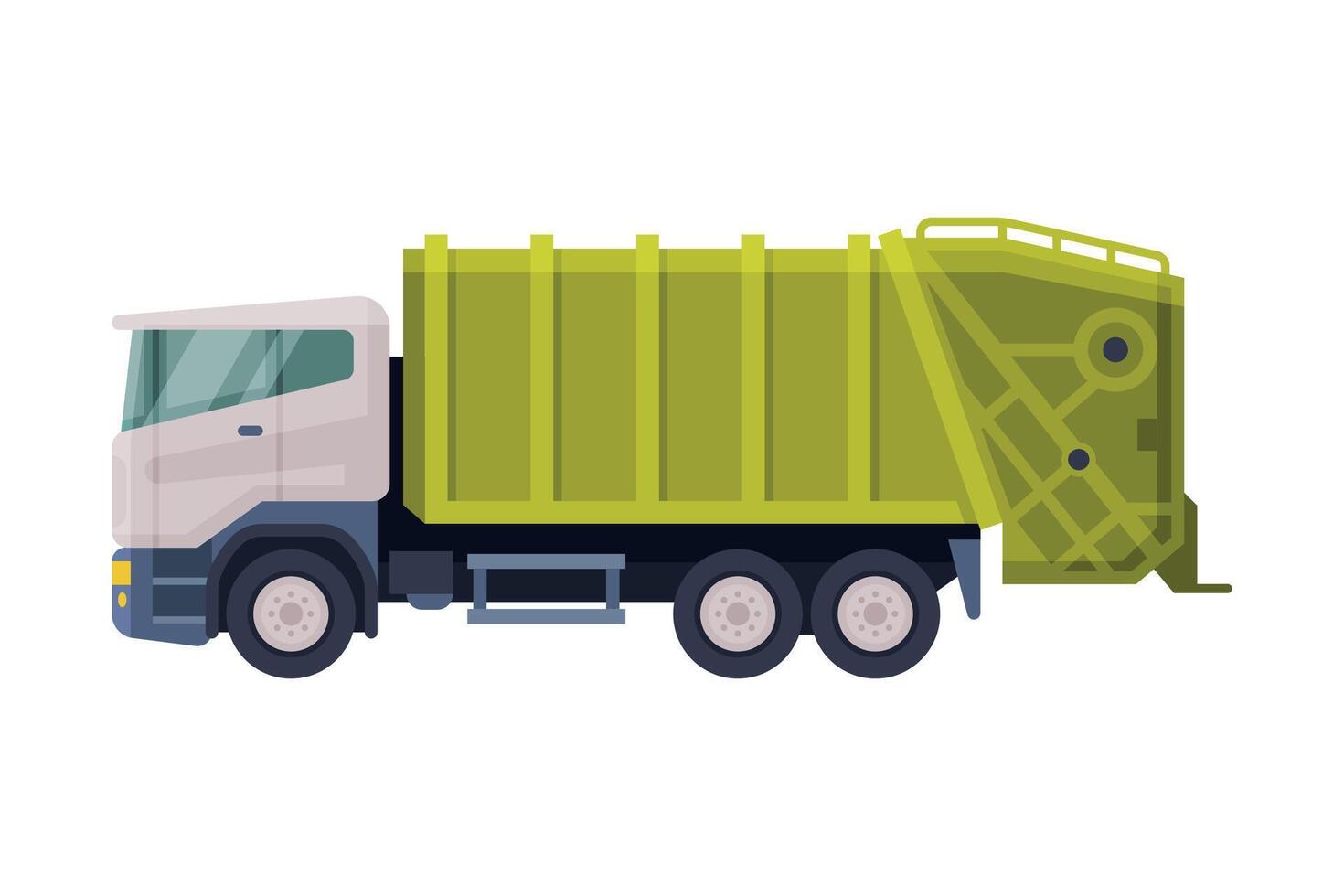 Green Garbage Truck Sanitary Vehicle, Waste Collection, Transportation and Recycling Concept Flat Style Illustration on White Background vector