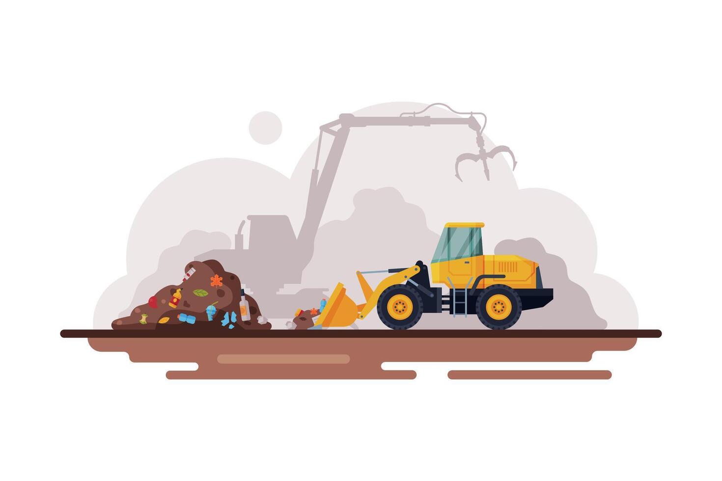 Yellow Bulldozer for Garbage Cleaning, Waste Recycling Process Flat Style Illustration on White Background vector