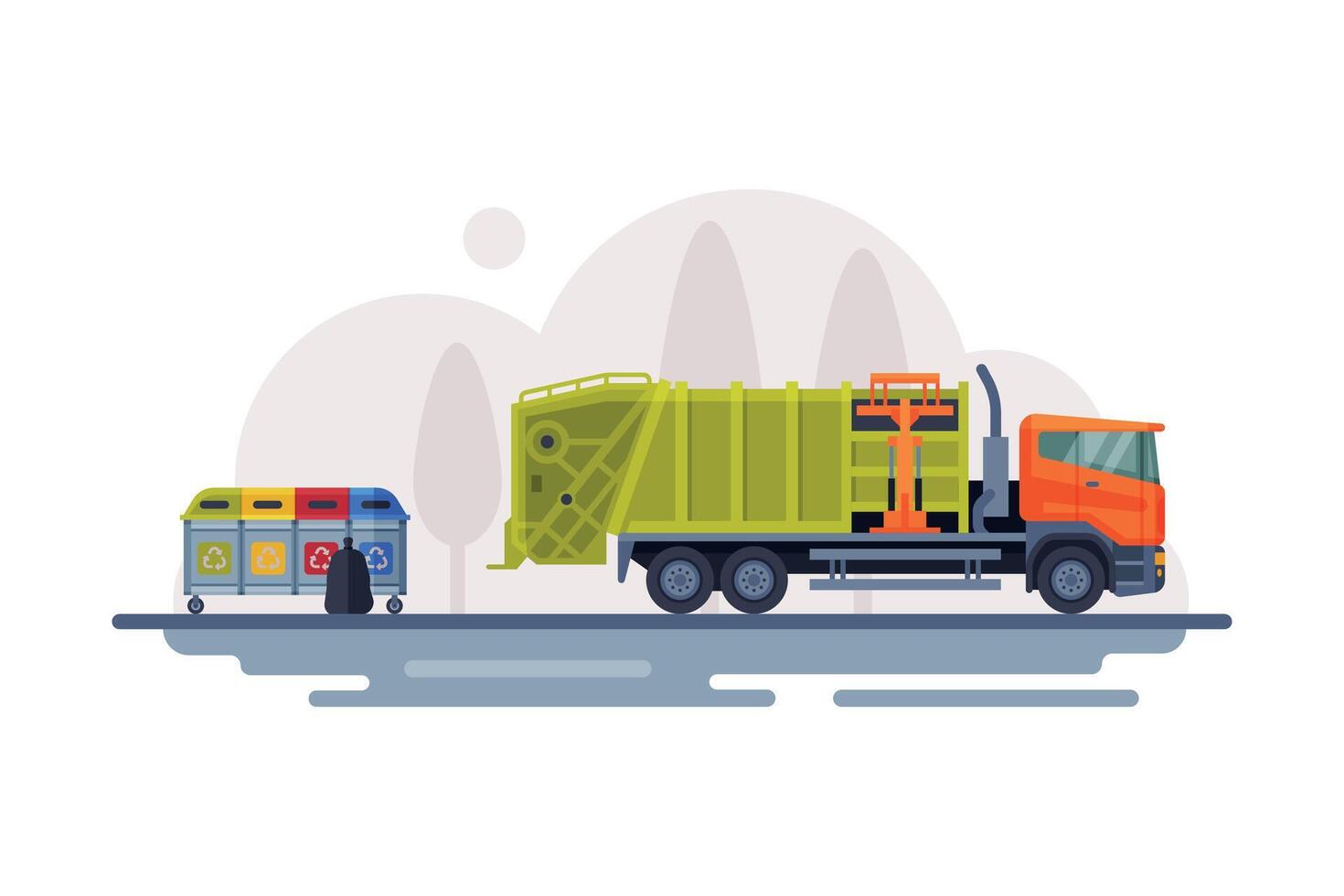 Urban Garbage Truck Sanitary Vehicle and Trash Bins, Waste Collection, Transportation and Recycling Concept Flat Style Illustration vector
