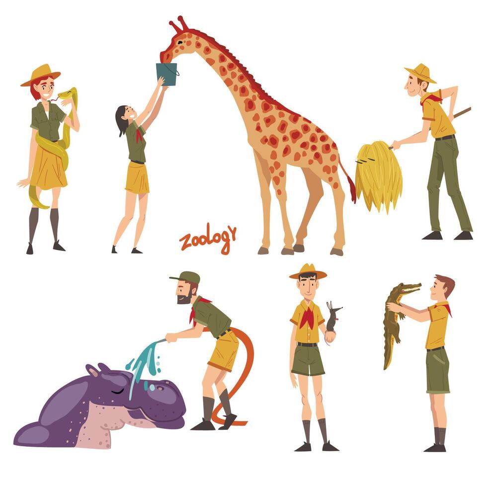 Professional Zoo Workers Caring of Wild Animals in Zoo, Male and Female Veterinarian or Zookeeper Characters in Uniform Feeding, Washing and Curing Animals Cartoon Illustration vector