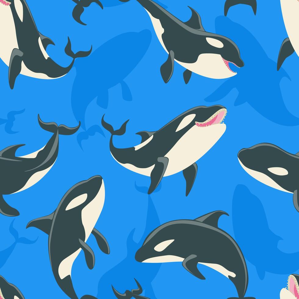 Killer Whales Seamless Pattern, Cute Orca Whale Sea Predatory Fish Illustration vector