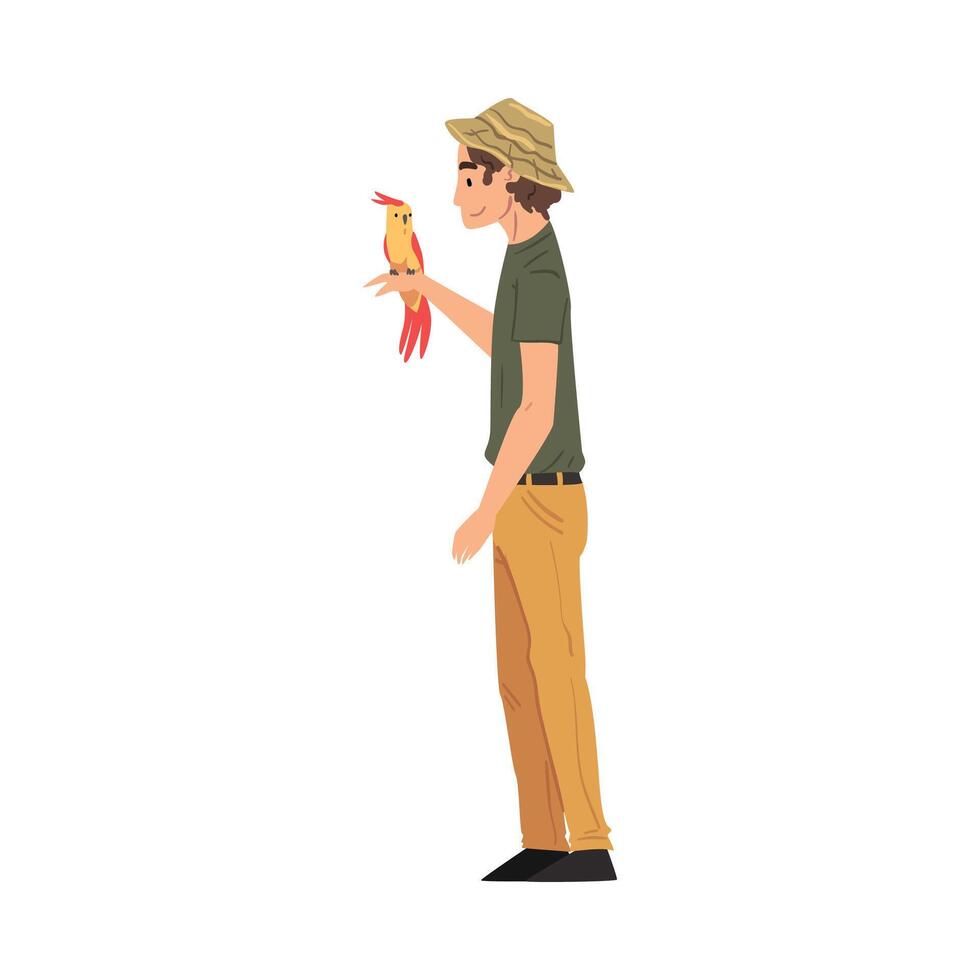 Male Zoo Worker with Parrot on his Hand, Veterinarian or Professional Zookeeper Character Caring of Wild Animals in Zoo Cartoon Illustration vector