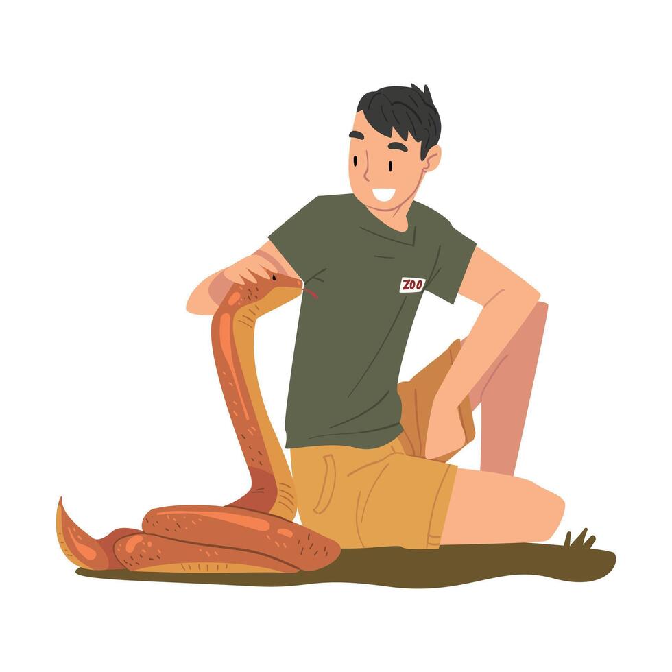Male Zoo Worker Stroking Snake, Veterinarian or Professional Zookeeper Character Caring of Wild Animals in Zoo Cartoon Illustration vector