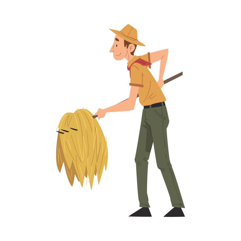 Male Zoo Worker Carrying Hay with Pitchfork, Veterinarian or Professional Zookeeper Character in Uniform Caring of Wild Animals in Zoo Cartoon Illustration vector