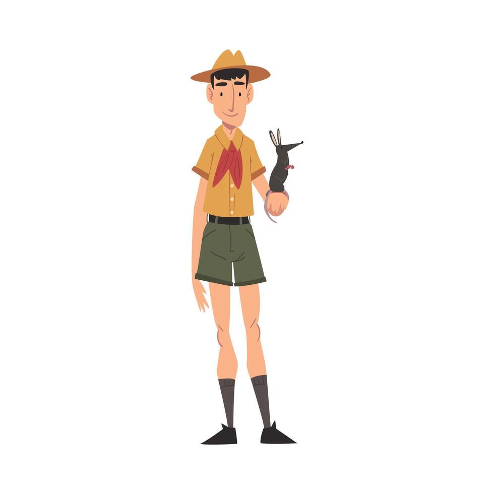 Male Zoo Worker holding Rat in his Hand, Veterinarian or Professional Zookeeper Character in Uniform Caring of Wild Animals in Zoo Cartoon Illustration vector