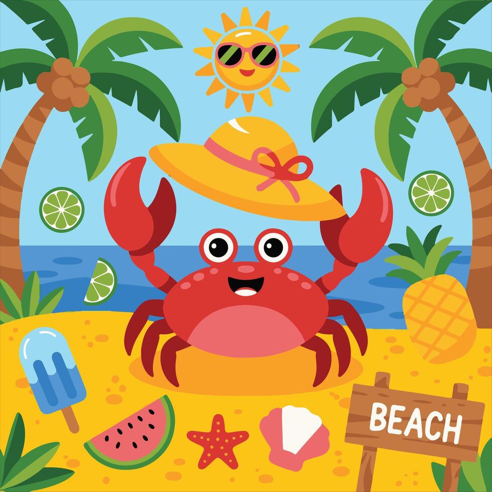Cute Summer Beach Elements Set Tropical Icons with Palm Trees, Fruits, and Sun vector