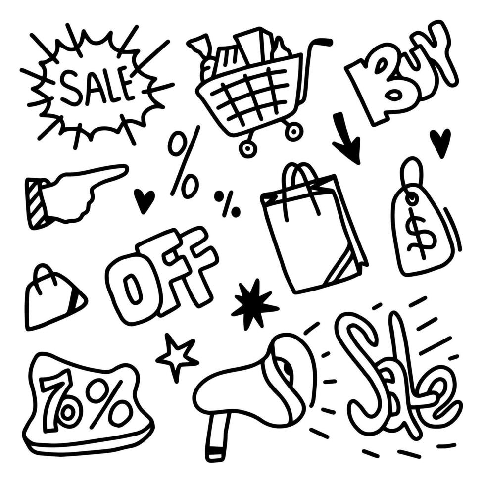 Retail shopping, sale and discount doodle set in different styles. illustration isolated on white background. vector